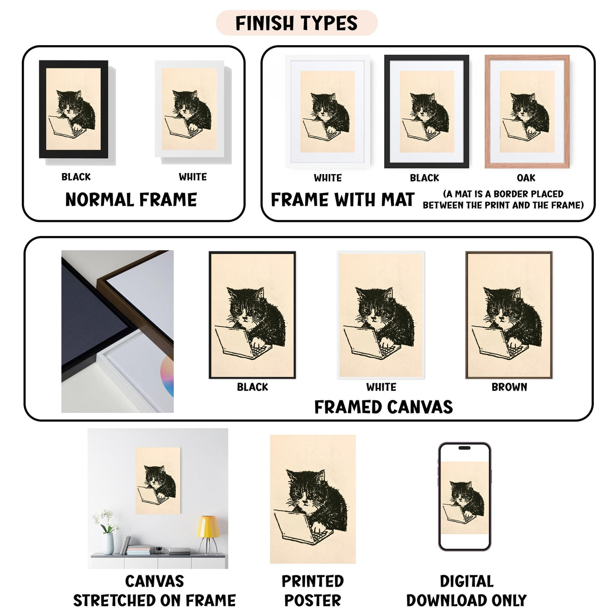 various finish types for a framed artwork depicting a cat using a laptop, including black, white, black and white, black and white framed canvas, white framed canvas, black framed canvas, white stretched on frame, and digital download only.