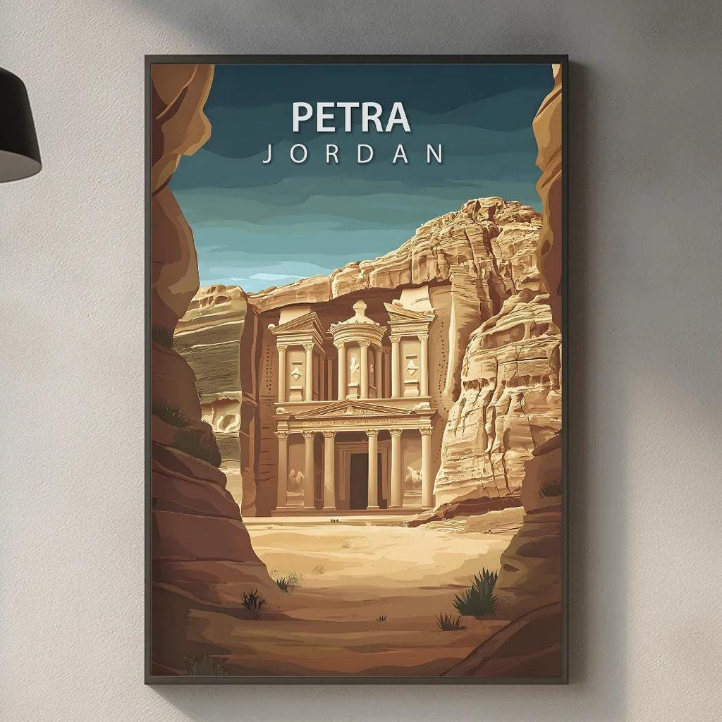 a kitchen counter with various kitchen items, such as a cutting board, a bottle, and a bowl, as well as a framed poster of Petra, Jordan hanging on the wall.