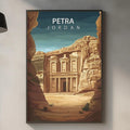a kitchen counter with various kitchen items, such as a cutting board, a bottle, and a bowl, as well as a framed poster of Petra, Jordan hanging on the wall.