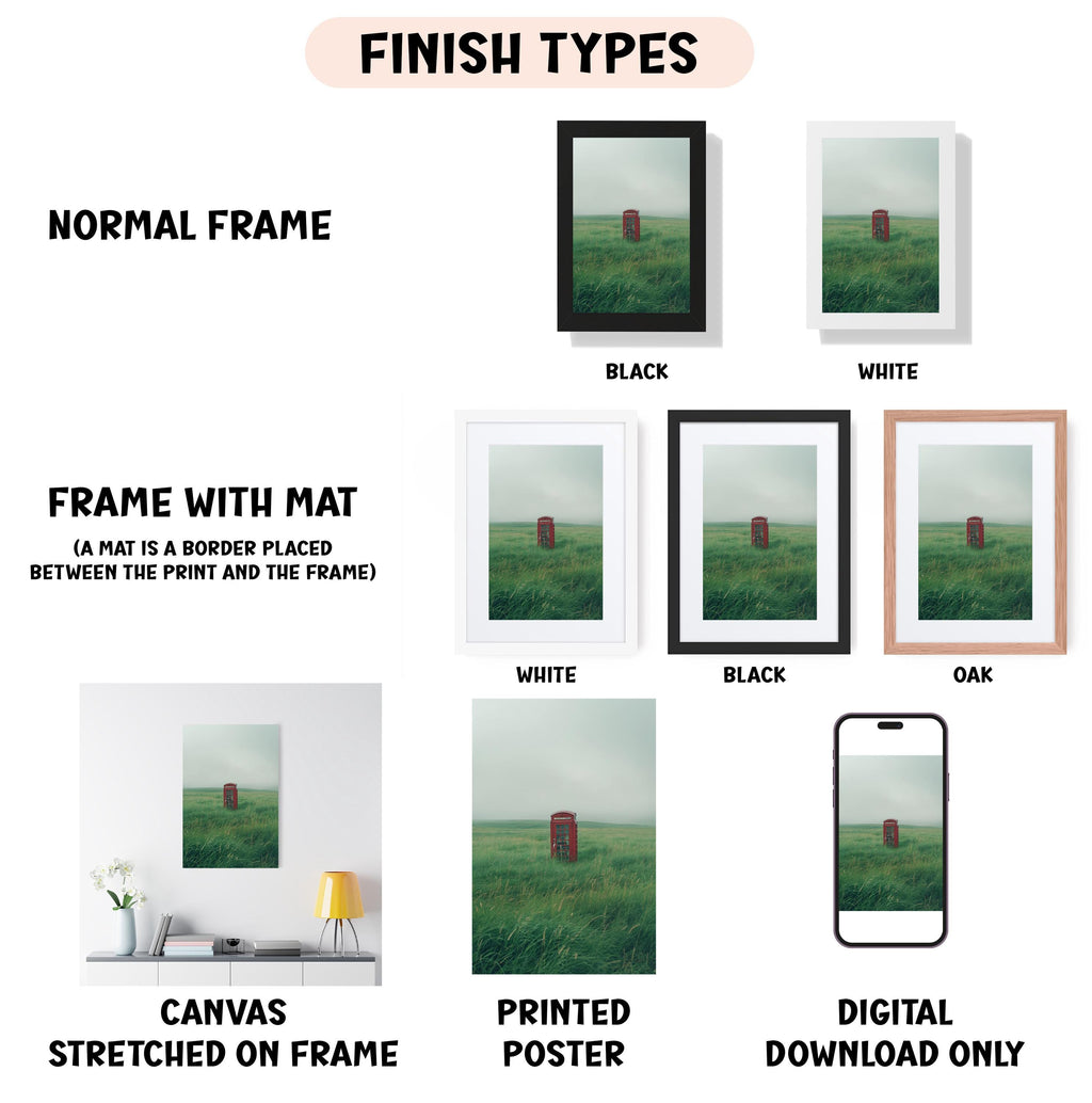 various finish types for artwork, including a normal frame, a frame with a mat, a white frame, a black frame, an oak frame, a white frame, a black frame, and a digital download only.