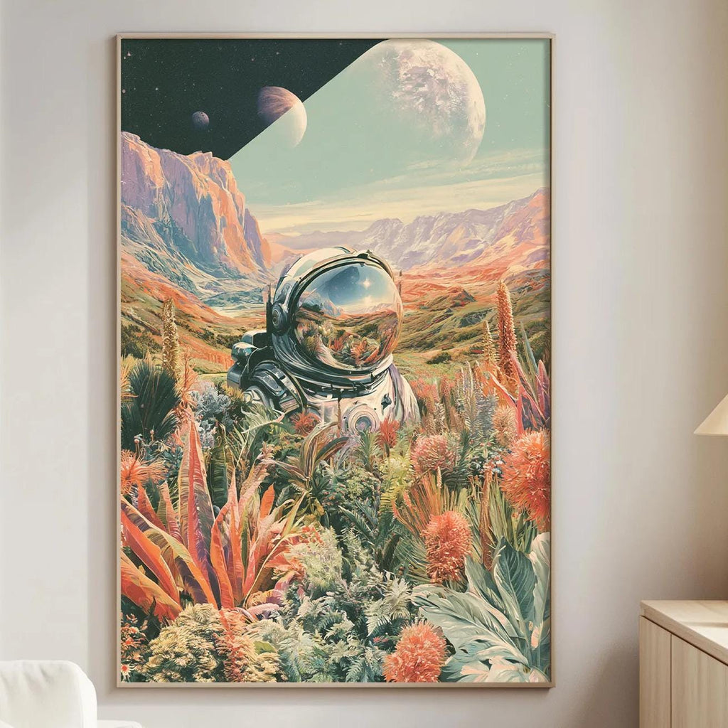 a large, colorful painting of an astronaut in a space suit, surrounded by a vibrant, alien landscape with planets and flowers.
