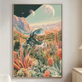 a large, colorful painting of an astronaut in a space suit, surrounded by a vibrant, alien landscape with planets and flowers.