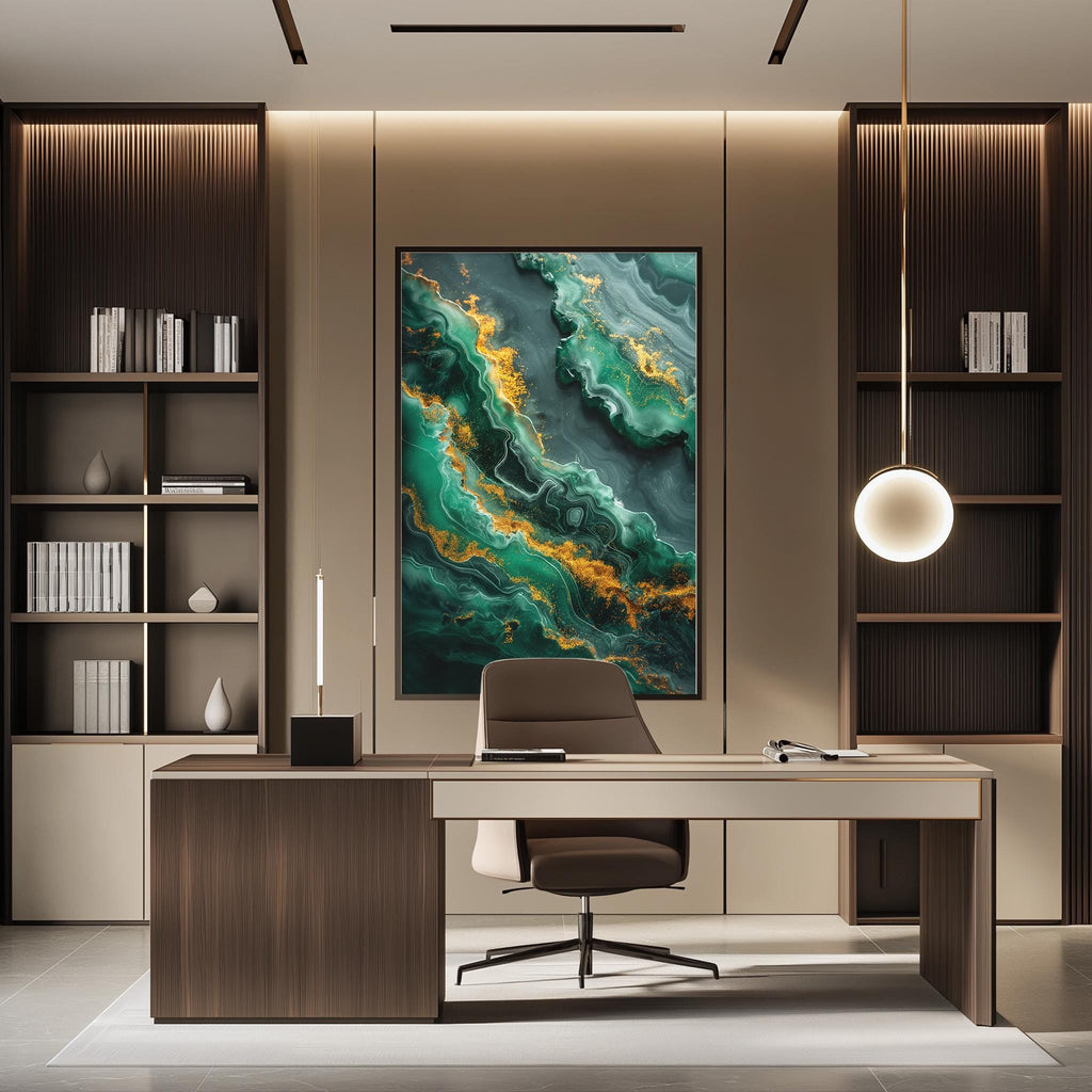 a modern and stylish office space with a large abstract painting on the wall, a wooden desk with a chair, and built-in bookshelves.
