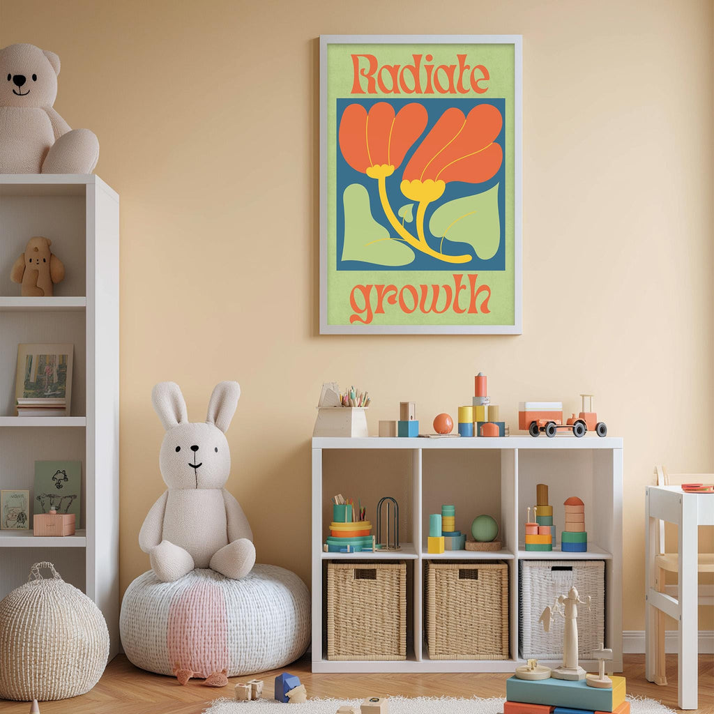 A child's bedroom with a white bookshelf, a stuffed rabbit, and a colorful poster on the wall. The poster has the text "RADIATE GROWTH" and features an illustration of a flower with orange and yellow petals.