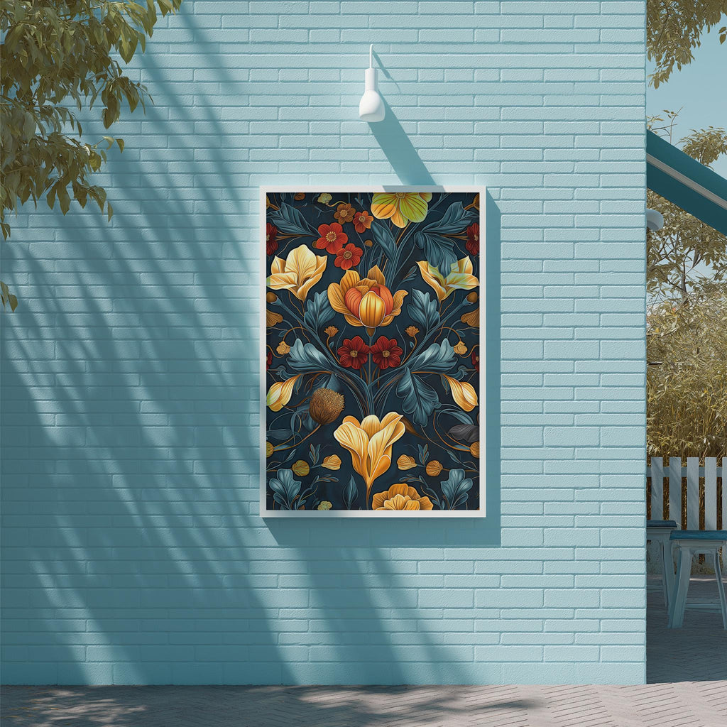 a vibrant floral painting hanging on a blue wall, with a white light fixture above it.