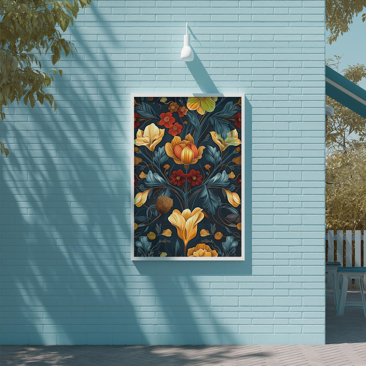 a vibrant floral painting hanging on a blue wall, with a white light fixture above it.