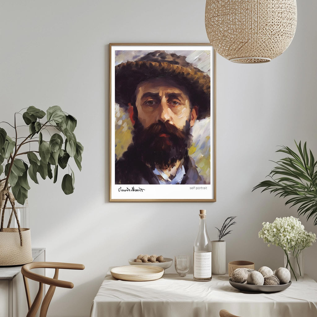 a framed painting of a man with a beard hanging on a wall above a table with various items on it, including a bottle, a bowl, and a vase.