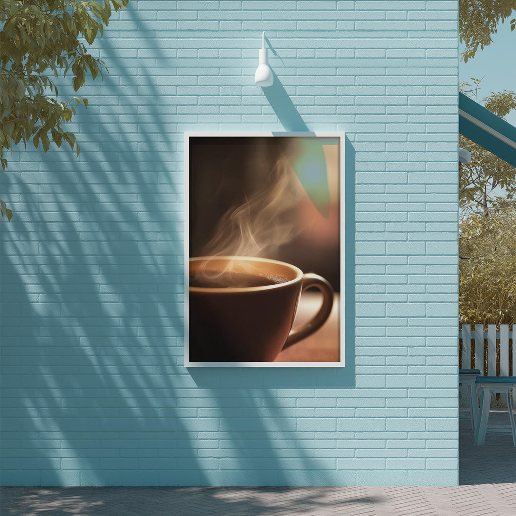 A framed image of a steaming cup of coffee is displayed on a light blue brick wall, with a white light fixture above it.