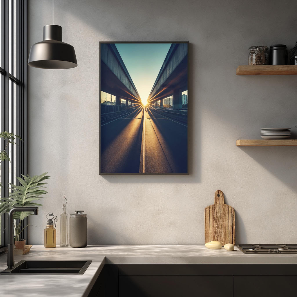 a modern kitchen with a large framed photograph of a city street at sunset hanging on the wall above a countertop with various kitchen items.