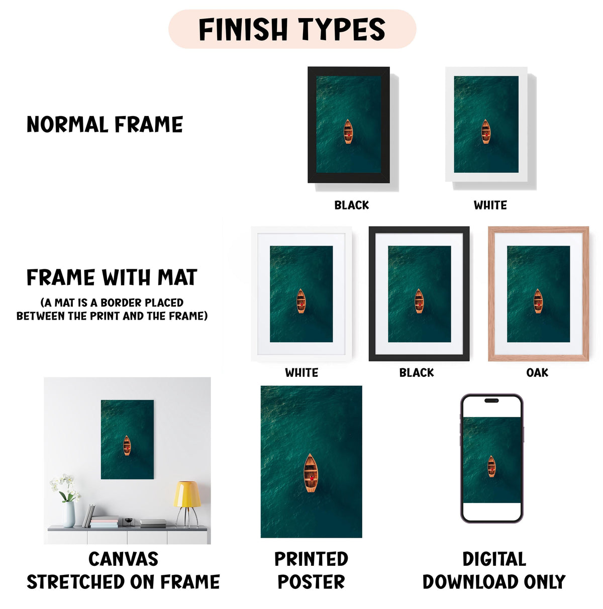 various types of artwork, including a normal frame, a frame with a mat, a white frame, a black frame, an oak frame, a white canvas stretched on a frame, a printed poster, and a digital download only.