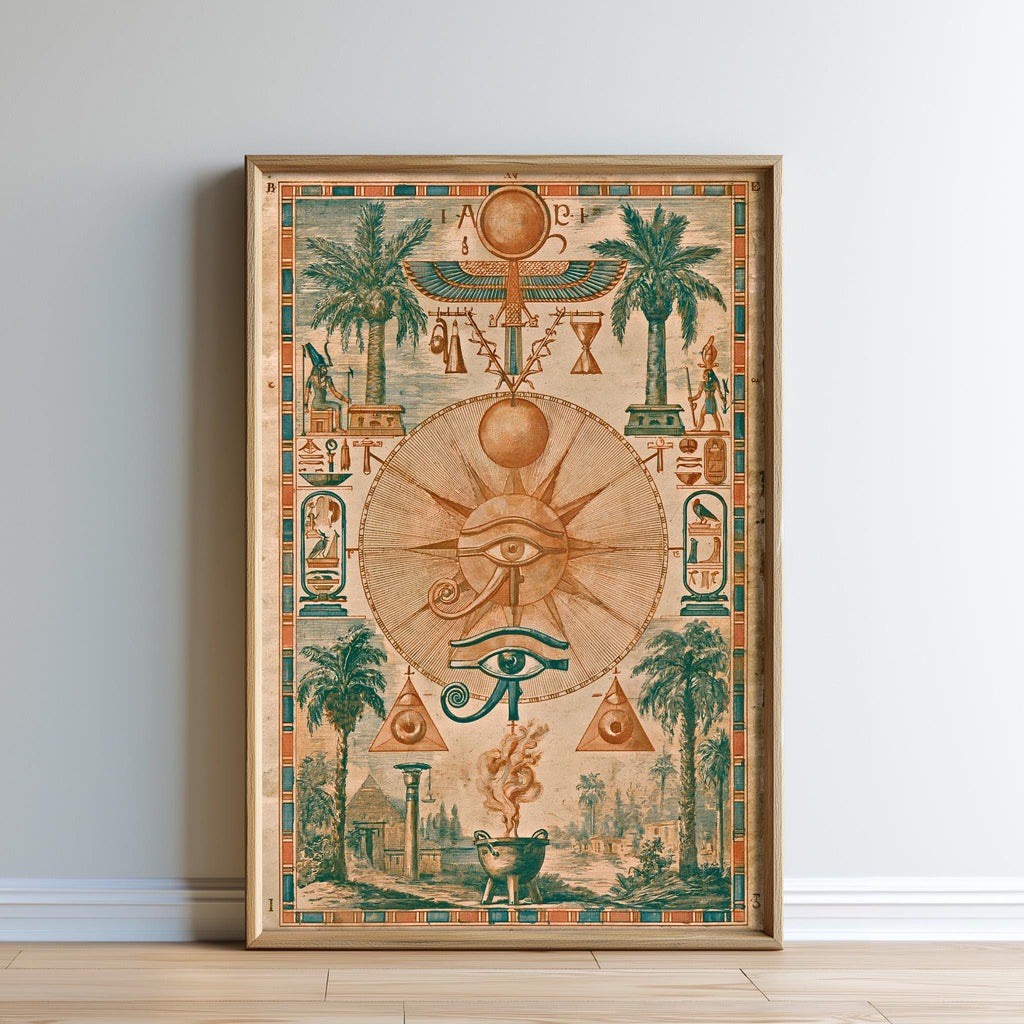 The image is a framed artwork depicting an ancient Egyptian scene with various symbols and imagery, including a sun, palm trees, and a temple.