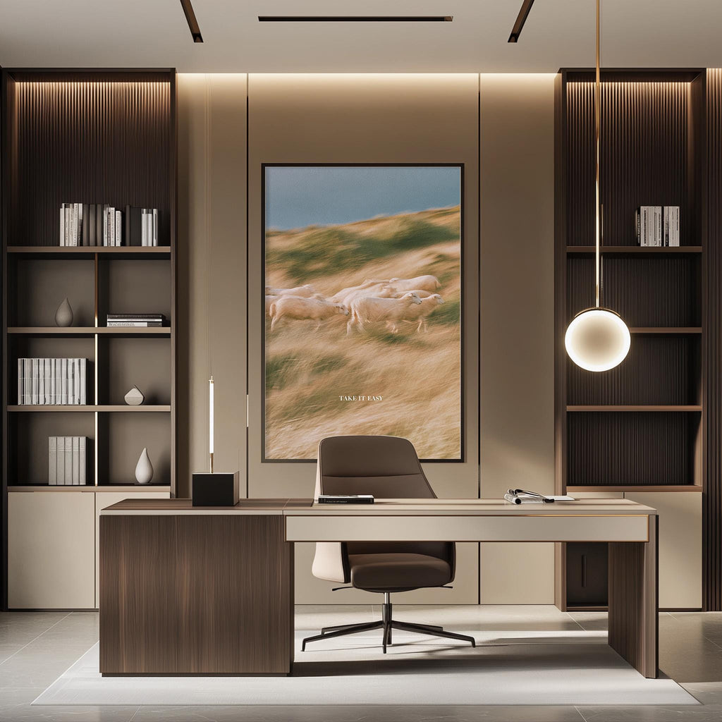 a modern and minimalist office space with a large framed landscape painting on the wall, a wooden desk with a chair, and built-in bookshelves.
