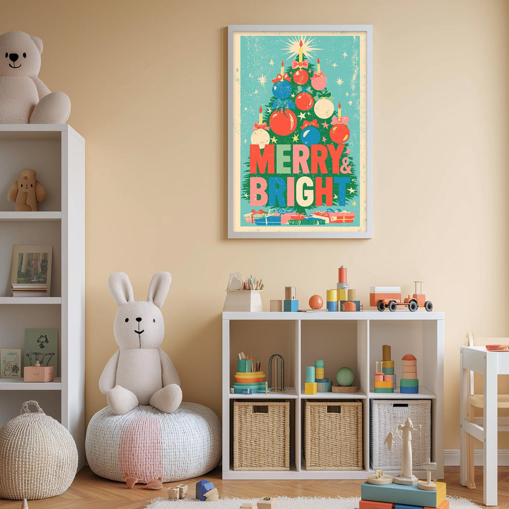 A cozy and colorful children's bedroom with a large Christmas tree poster on the wall, a stuffed rabbit, a toy train, and a bookshelf filled with toys and books.