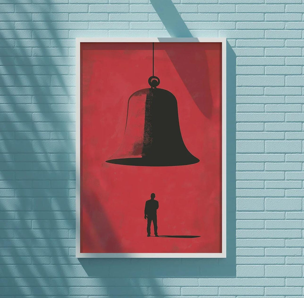 a large red poster with a black silhouette of a person standing in front of a bell, mounted on a blue wall.