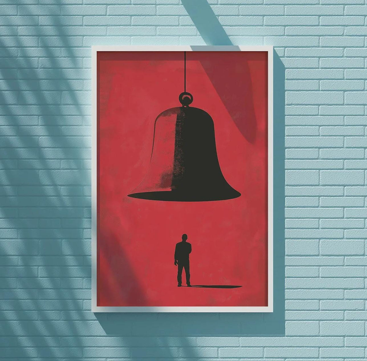 a large red poster with a black silhouette of a person standing in front of a bell, mounted on a blue wall.