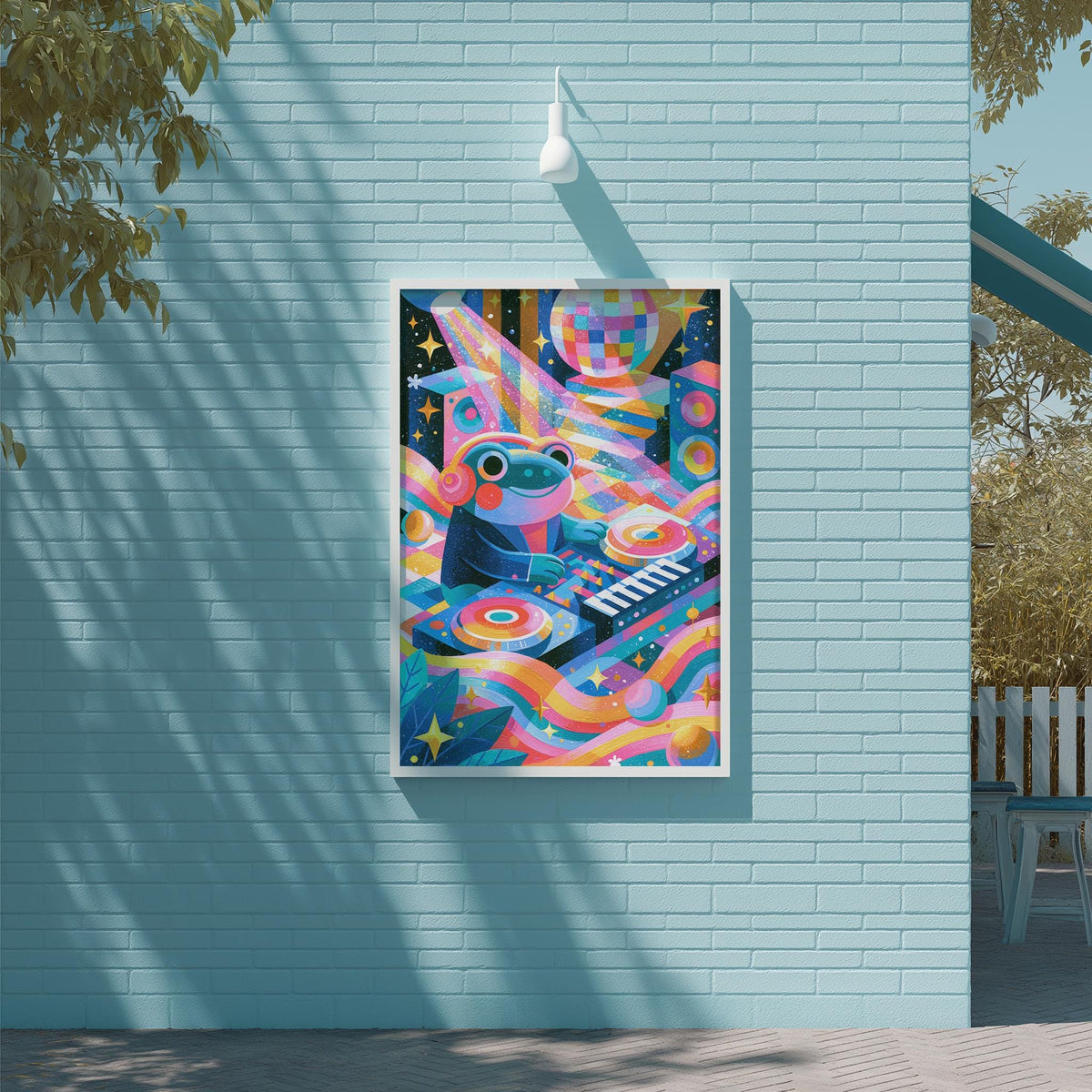 a vibrant, colorful poster or painting hanging on a light blue brick wall. The artwork depicts a whimsical scene with a frog-like creature surrounded by various abstract shapes and patterns in a variety of bright colors.