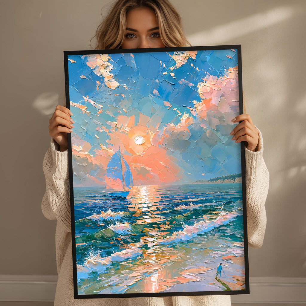 A woman holds up a framed painting depicting a serene ocean scene with a sailboat and a sunset over the water.