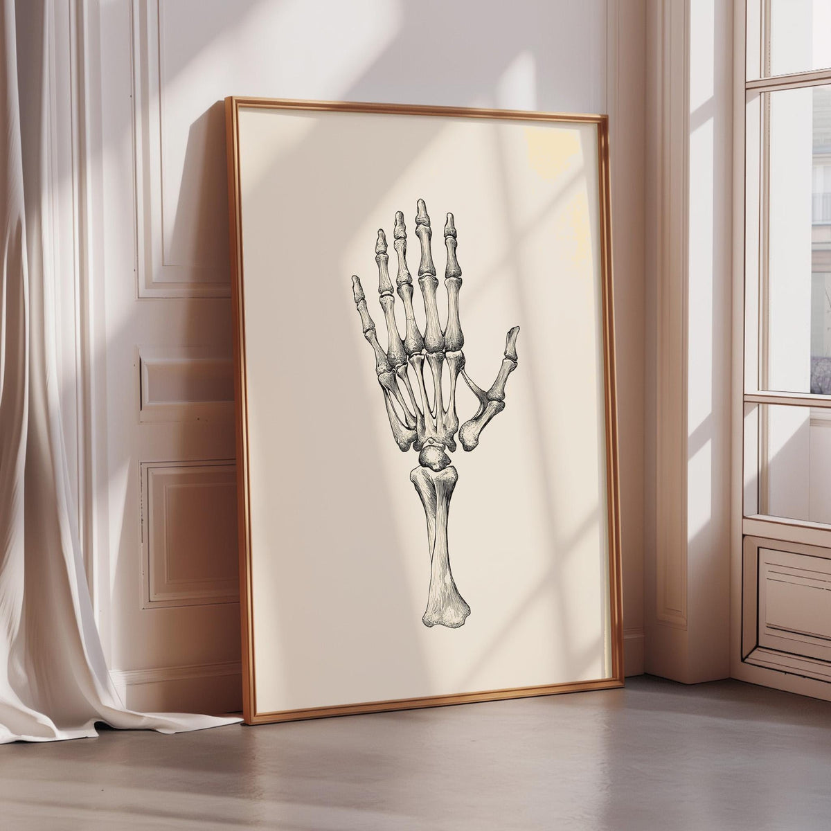 a large framed illustration of a human hand, which is the central focus of the scene.