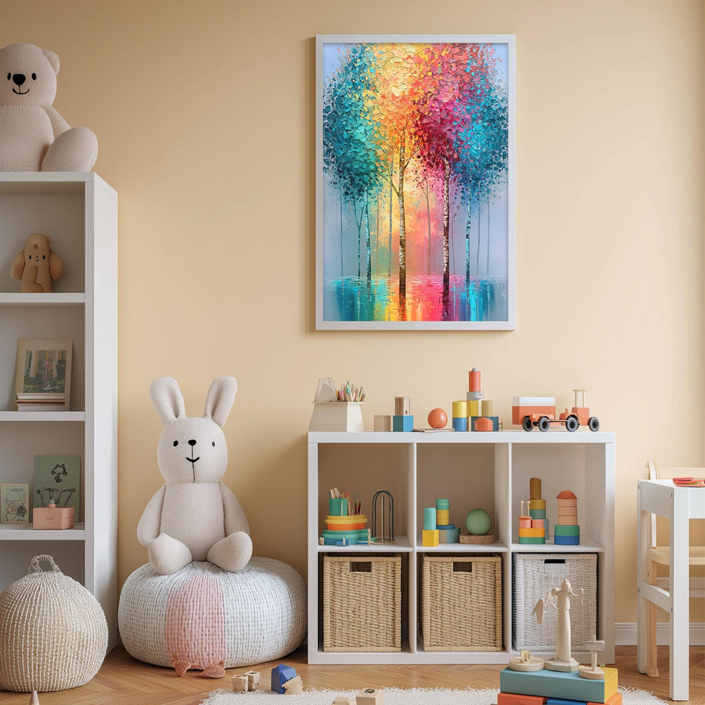 A child's bedroom with a white bookshelf, a stuffed rabbit, and a colorful painting of trees on the wall.