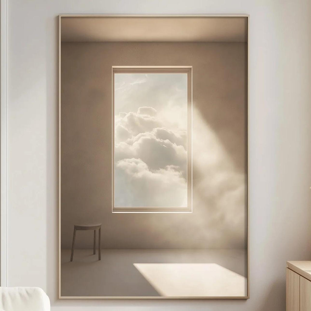 a serene and minimalist living room with a large window that allows natural light to fill the space. The room is adorned with a white sofa, a wooden side table, and a lamp, creating a cozy and inviting atmosphere. The focal point of the room is a large mirror that reflects the light coming in through the window, adding depth and dimension to the space.