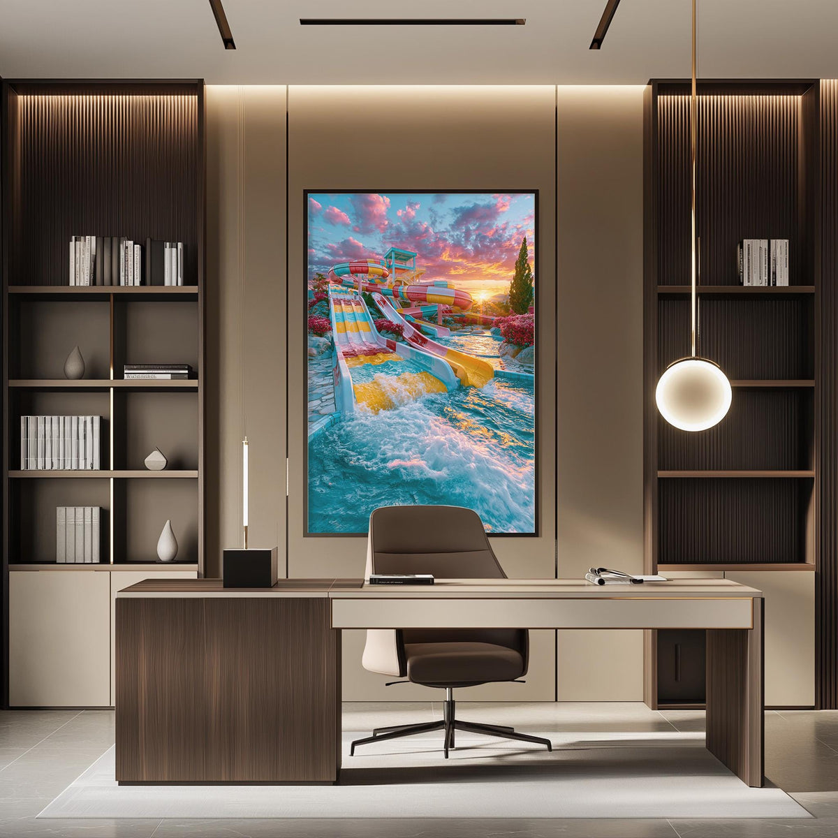 a modern office space with a large, colorful painting of a beach scene hanging on the wall above a desk with a chair.