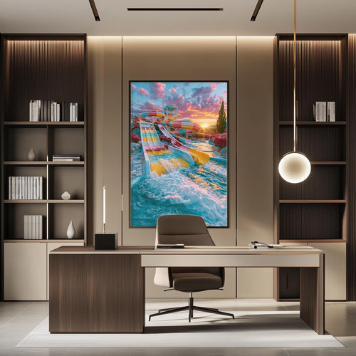 a modern office space with a large, colorful painting of a beach scene hanging on the wall above a desk with a chair.