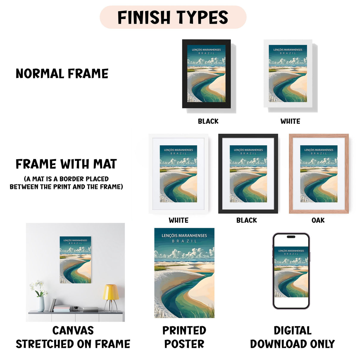 various types of framed artworks, including a normal frame, a frame with a mat, a white frame, a black frame, an oak frame, a white frame, a black frame, a stretched canvas, a printed poster, and a digital download only.