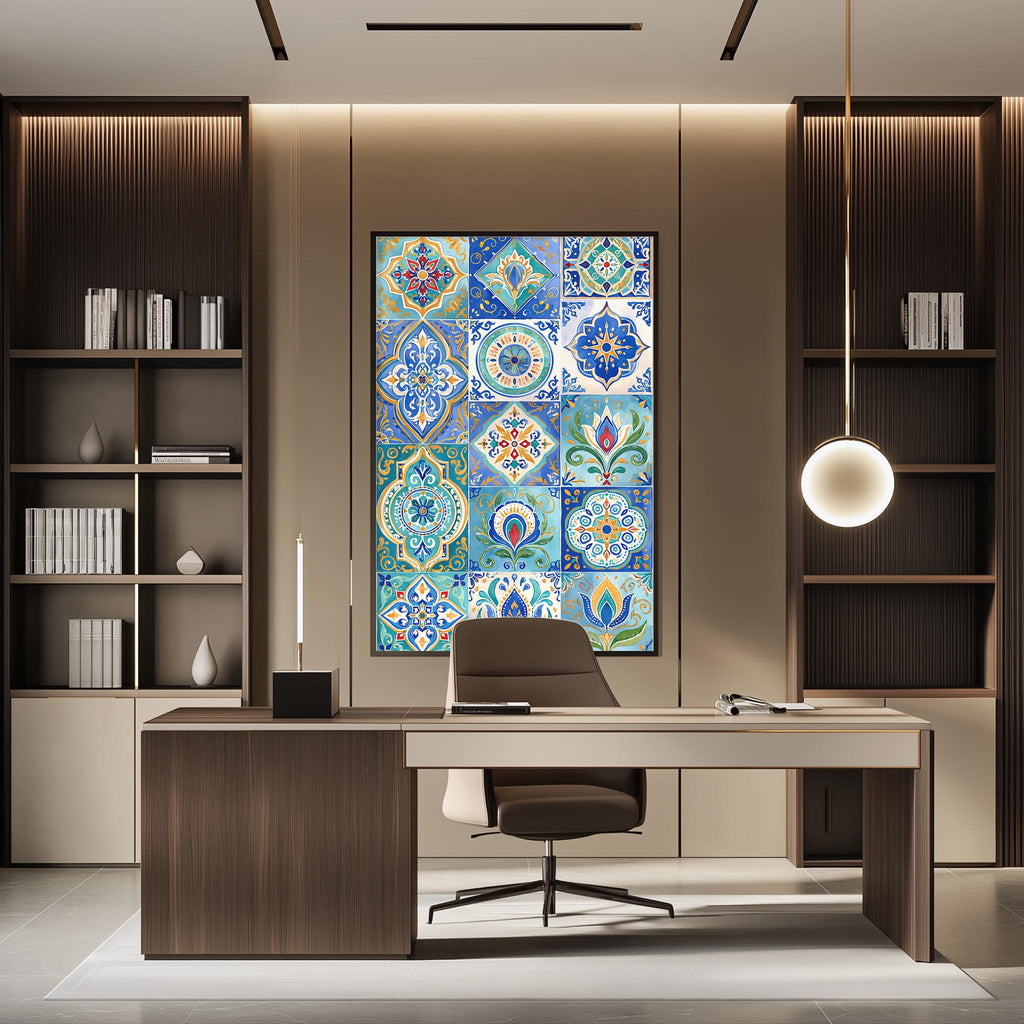 a modern and stylish office space with a large, colorful tile artwork on the wall behind a desk. The desk is positioned in front of the artwork, creating a focal point in the room. The office also features built-in bookshelves and a pendant light, contributing to the overall contemporary design.
