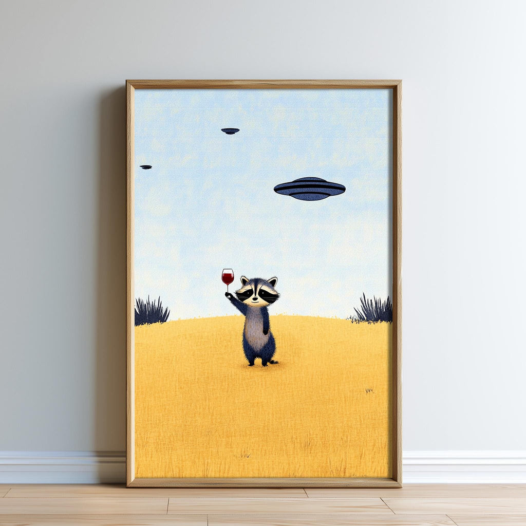 A raccoon standing in a field holding a glass of wine, with a blue spaceship flying overhead.