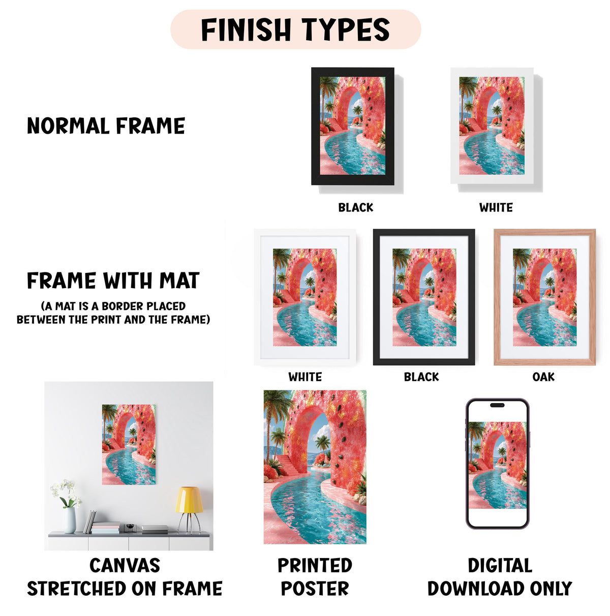 various types of artwork, including a normal frame, a frame with a mat, a white frame, a black frame, an oak frame, a white canvas stretched on a frame, a printed poster, and a digital download only.