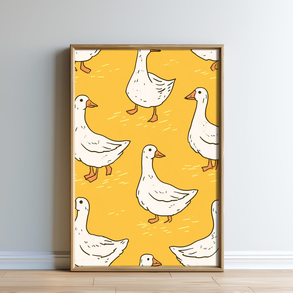 a repeating pattern of white ducks on a yellow background.