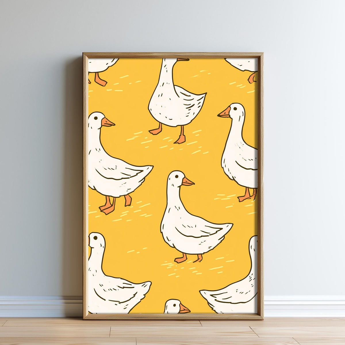 a repeating pattern of white ducks on a yellow background.