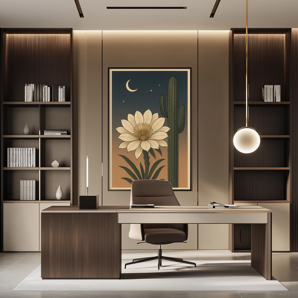 a modern and minimalist office space with a large framed artwork of a cactus and a flower on the wall. The office features a wooden desk with a chair, a bookshelf, and a pendant light fixture.
