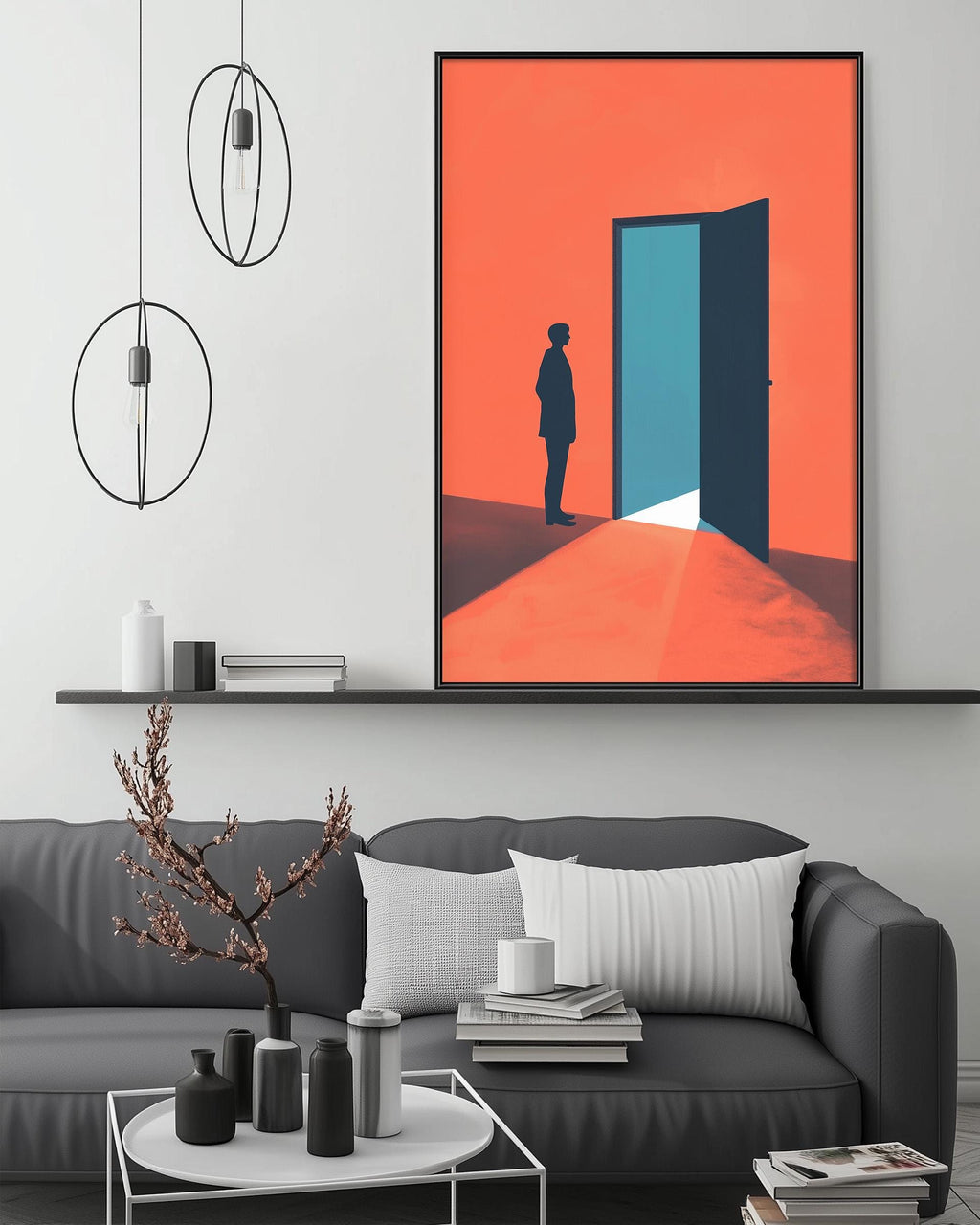 a modern living room with a gray sofa, a coffee table, and a large abstract painting of a person standing in front of an open doorway.
