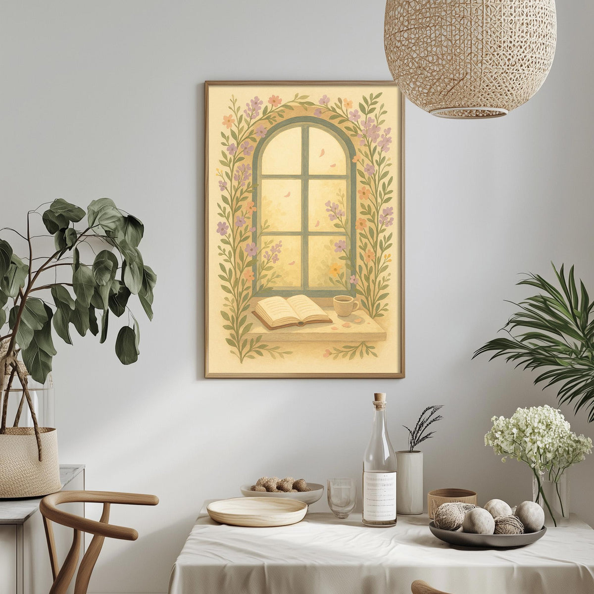 a cozy dining area with a table set for a meal, a potted plant, and a framed painting of a window with flowers on the wall.