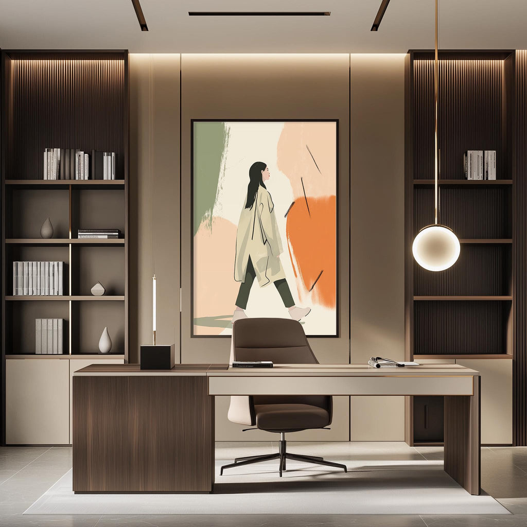 a modern and stylish office space with a large abstract painting of a woman in a coat hanging on the wall. The office features a wooden desk, a comfortable chair, and built-in bookshelves. The overall design and decor create a professional and contemporary atmosphere.