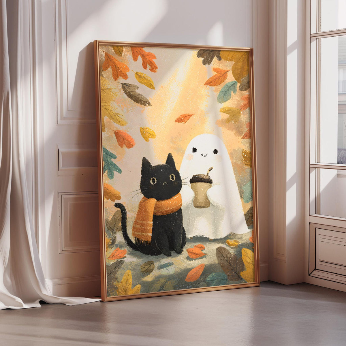 A framed illustration depicting a black cat and a ghost, both surrounded by autumn leaves, with the cat holding a cup.