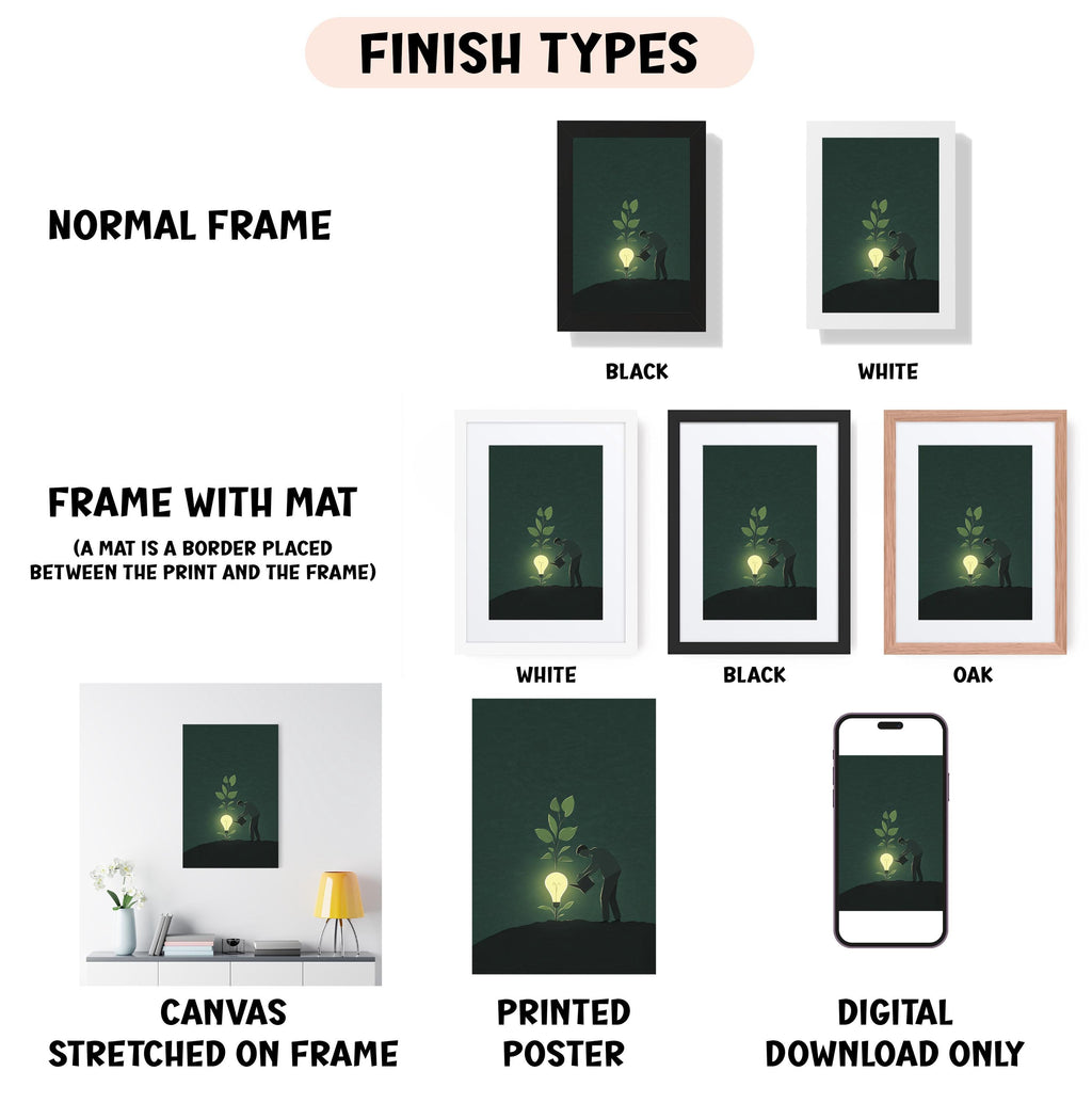 various types of artwork, including a canvas stretched on a frame, a framed poster, and a digital poster. The artwork is presented in different frame colors and styles, such as a normal frame, a black frame, a white frame, and an oak frame. The artwork is also described as a frame with a mat, a white frame, a black frame, and a digital download only. The image is a collage of multiple images, and the text provides information about the artwork, such as its finish type and the materials used.