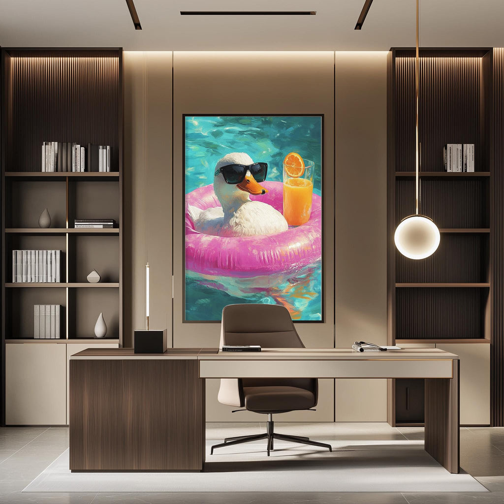 a modern office space with a large framed artwork depicting a duck wearing sunglasses and floating on an inflatable ring, holding a drink.