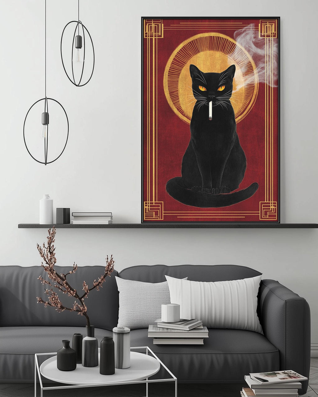 a black cat sitting on a red background with a golden sunburst design, and smoke coming out of its mouth. The cat is sitting on a gray couch, and there are decorative elements such as a potted plant, vases, and books on a coffee table in the foreground.