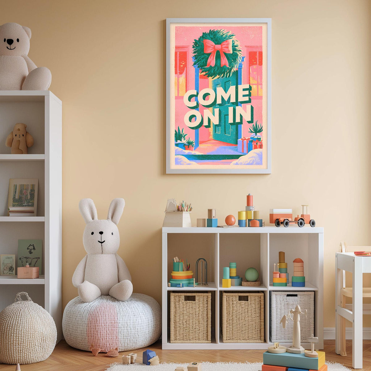 A child's bedroom with a white bookshelf, a stuffed rabbit, and a colorful poster on the wall. The poster features a wreath and the text "COME ON IN".