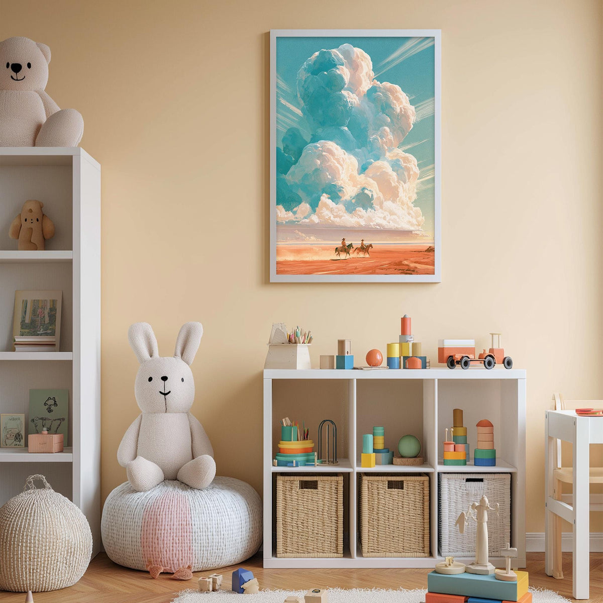 A cozy children's bedroom with a large stuffed bunny, a bookshelf, and a toy chest filled with toys. The walls are painted a light peach color, and a framed picture of a cloud-filled sky hangs above the room.