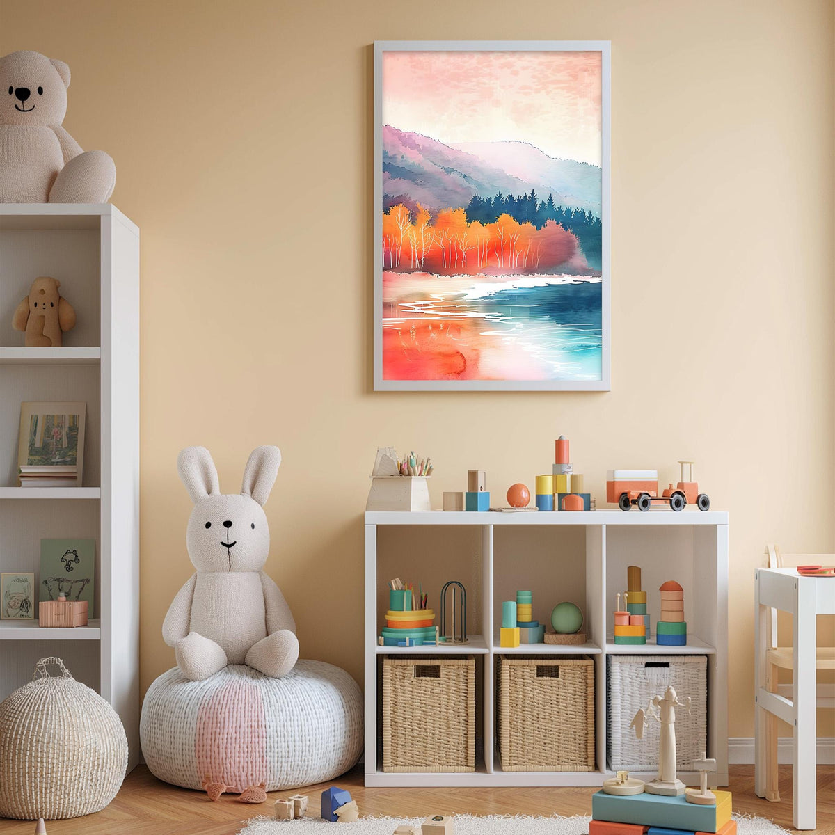 A cozy children's room with a large stuffed bunny, a bookshelf filled with toys, and a framed landscape painting on the wall.