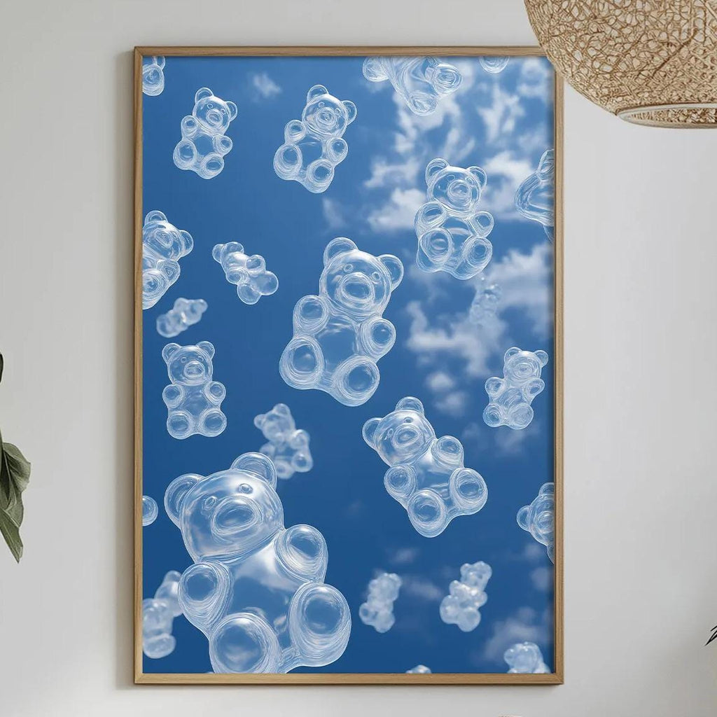 a dining table with a white tablecloth, a bowl of fruit, a bottle, and a vase with flowers. Above the table, there is a framed picture of floating teddy bears against a blue sky background.