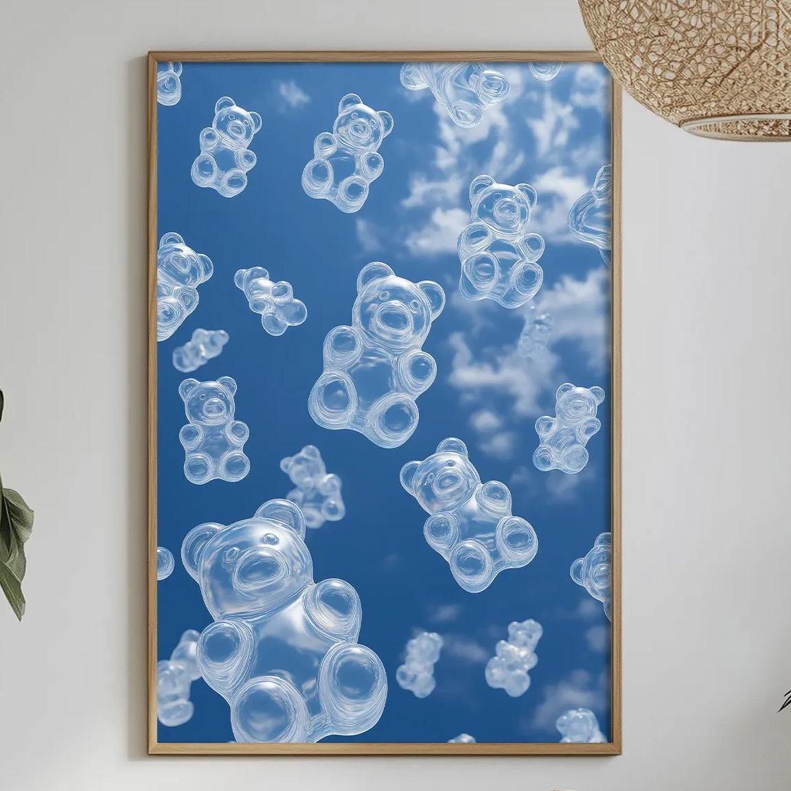 a dining table with a white tablecloth, a bowl of fruit, a bottle, and a vase with flowers. Above the table, there is a framed picture of floating teddy bears against a blue sky background.