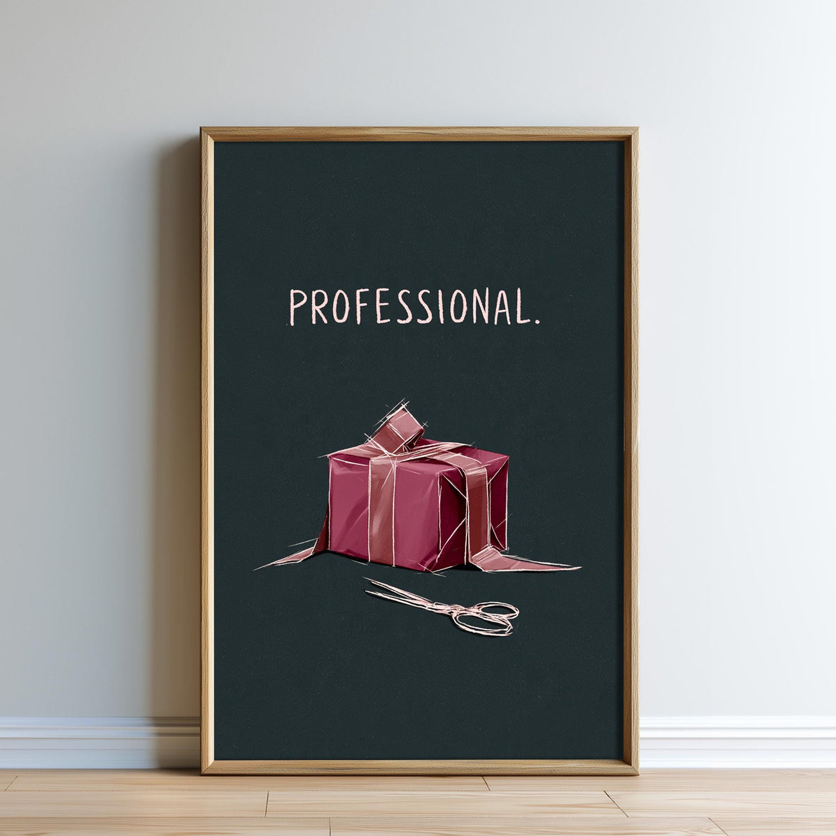 The image is a framed poster with a pink gift box and a pair of scissors on a dark background.