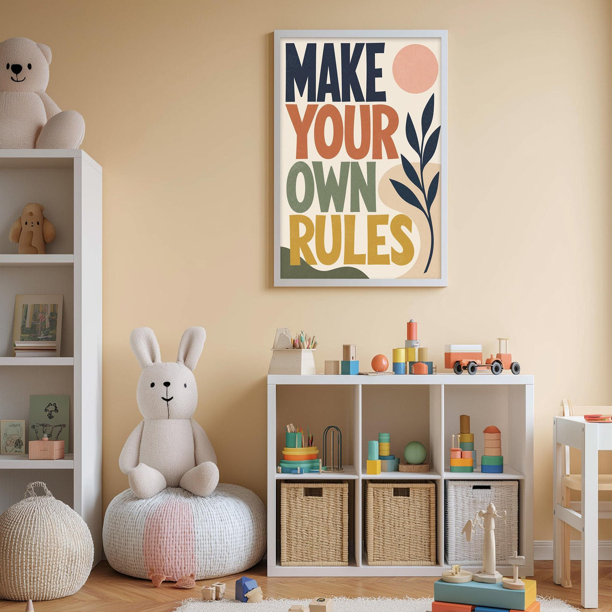 A child's bedroom with a white bookshelf, a stuffed rabbit, and a colorful poster on the wall that says "MAKE YOUR OWN RULES".