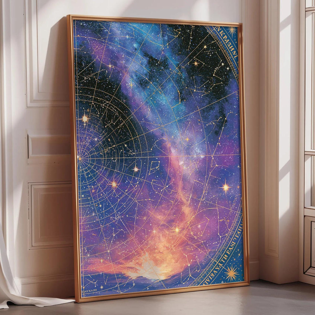a large, framed poster of a colorful, starry sky with a map of the night sky.
