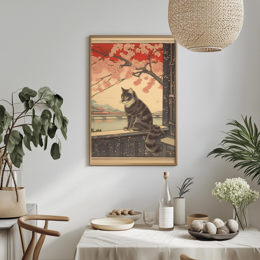 a framed illustration of a cat sitting on a ledge, with a backdrop of cherry blossoms and a serene landscape. The cat is depicted in a realistic style, with intricate details and a sense of depth. The setting appears to be a dining area, with a table set with various items, including a bottle, a bowl, and a vase. The overall atmosphere of the image is calm and peaceful, with the cat as the focal point.