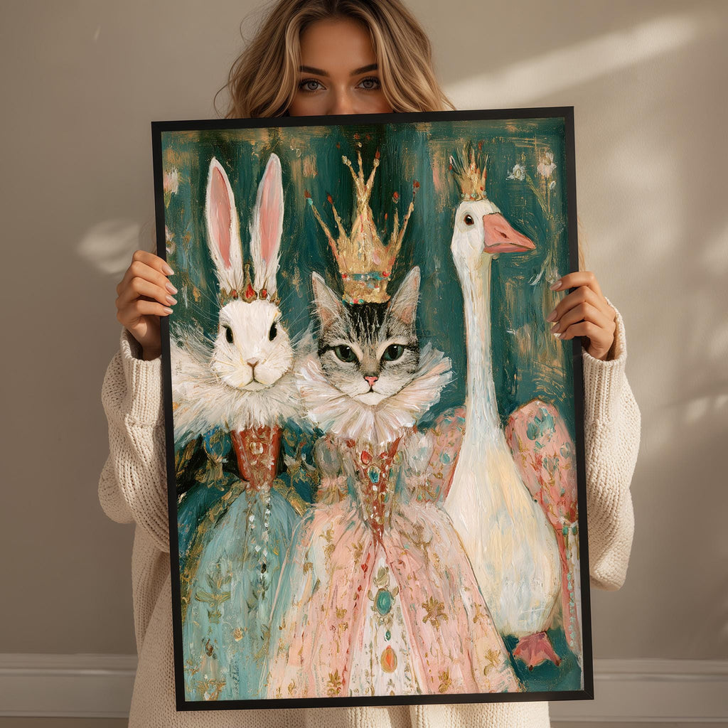 A woman holds up a framed painting depicting a whimsical scene with a rabbit, a cat, and a duck, all wearing elaborate costumes and crowns.
